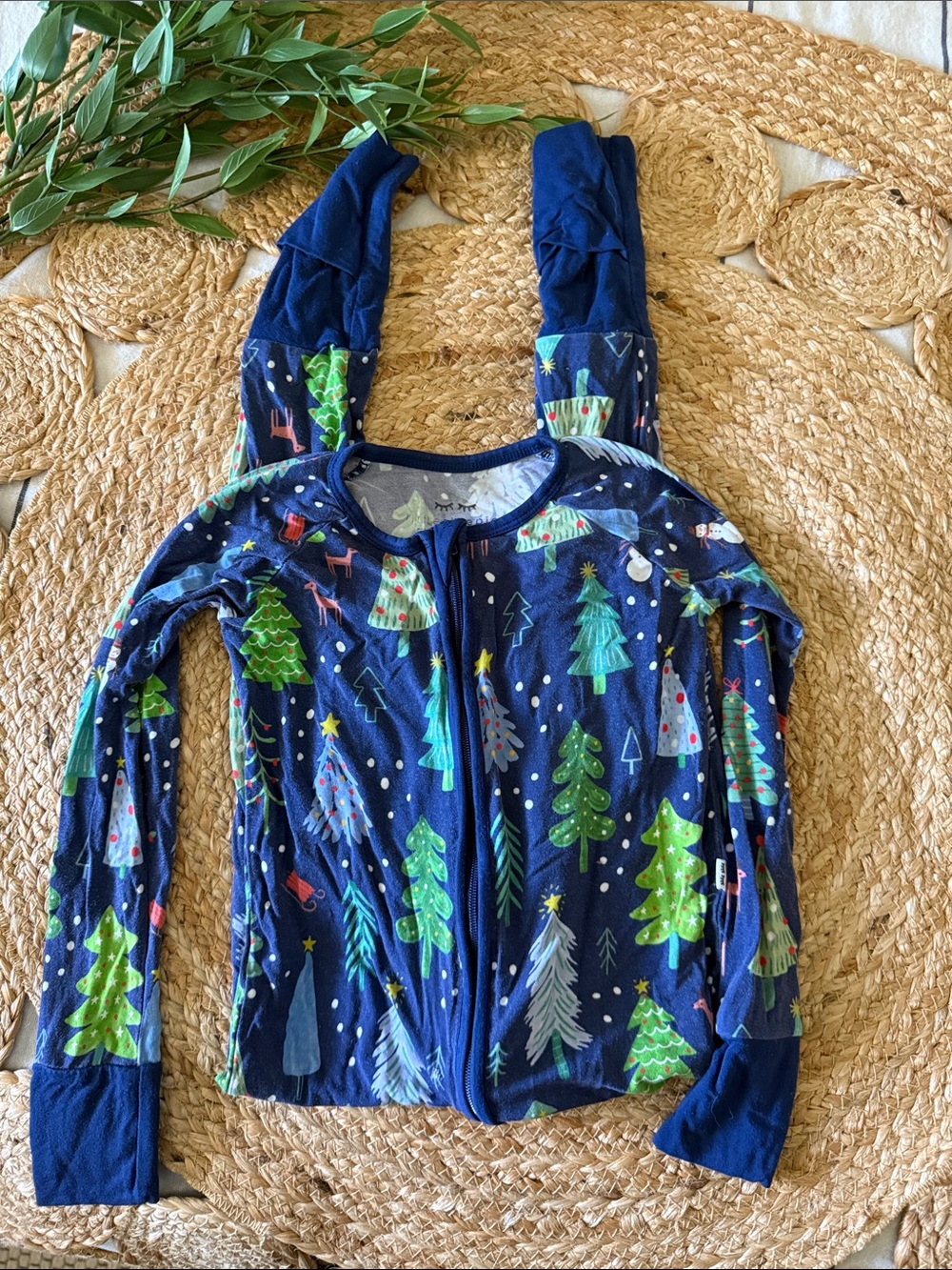 Little Sleepies Bamboo Jammers Blue Holiday Tree Bodysuit. 3t